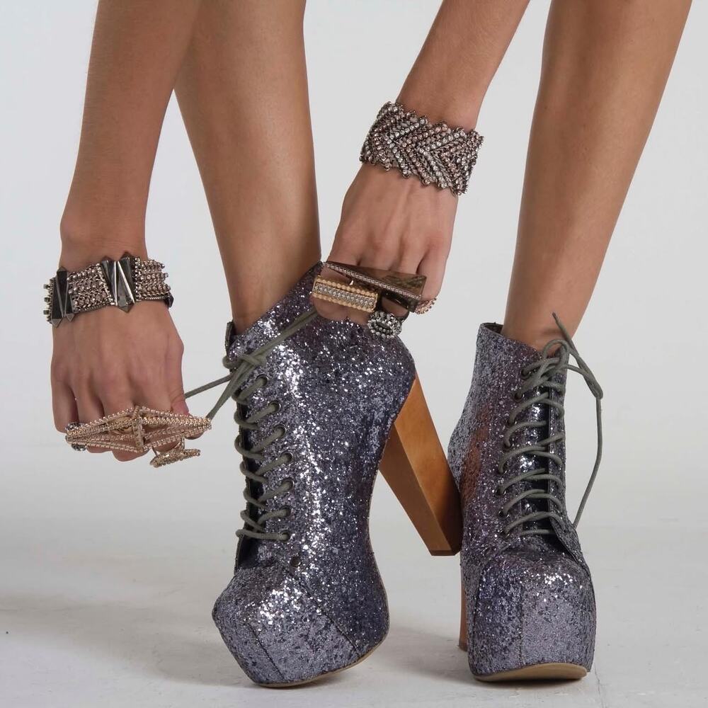 Jeffrey Campbell The Lita Silver Pewter Glitter Lace Up Heel Platform Boots 6M